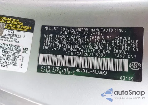 2006 Toyota Camry Solara Sle z USA, uszkodzony, nr VIN 4T1FA38P26U105906